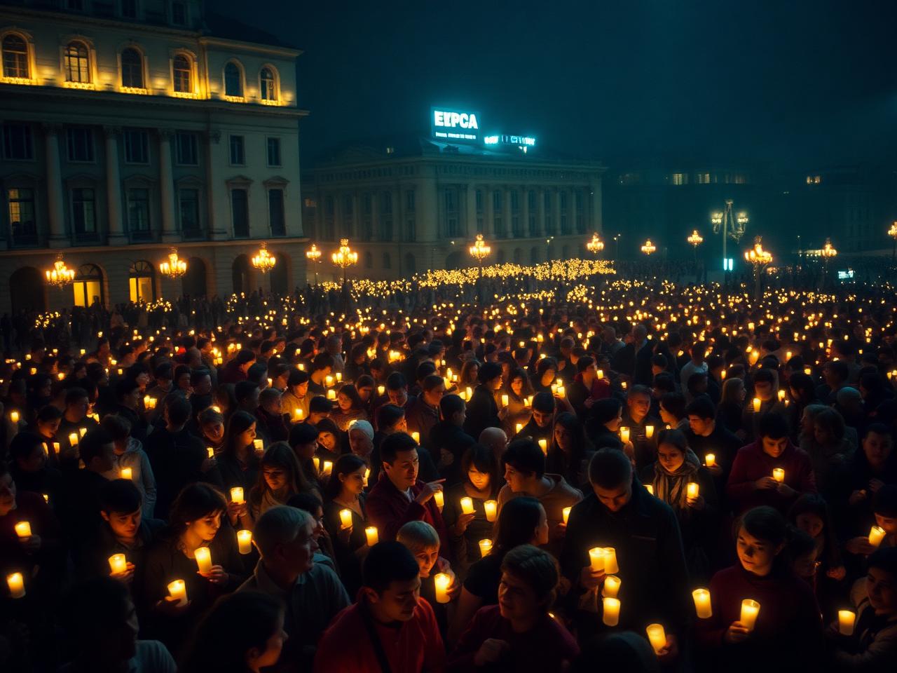 Night gathering in a city square with thousands of candles