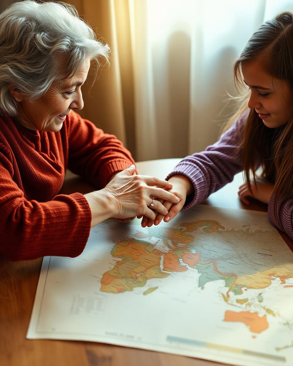 An elder and a young girl with hands together over a world map
