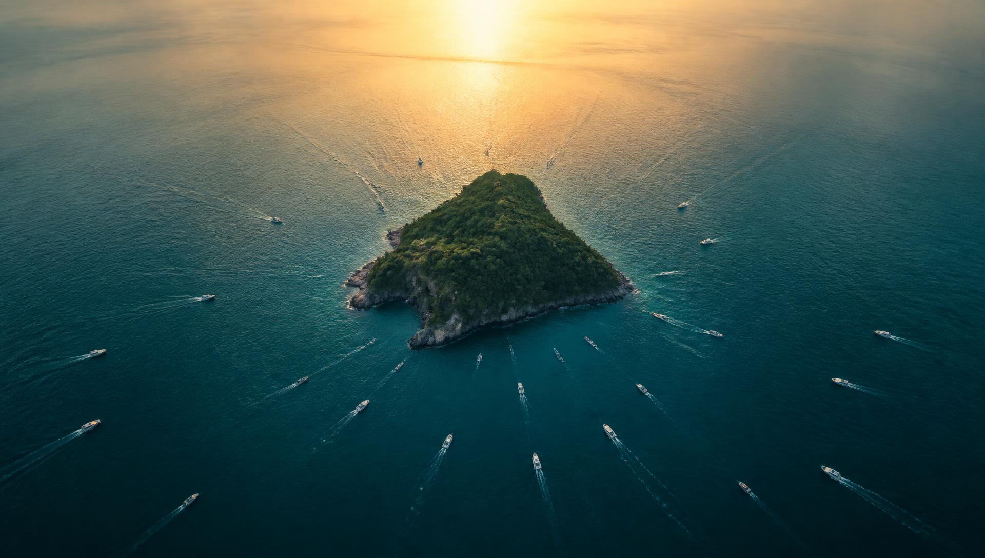 Aerial view of a single island at dawn with boats converging from every direction
